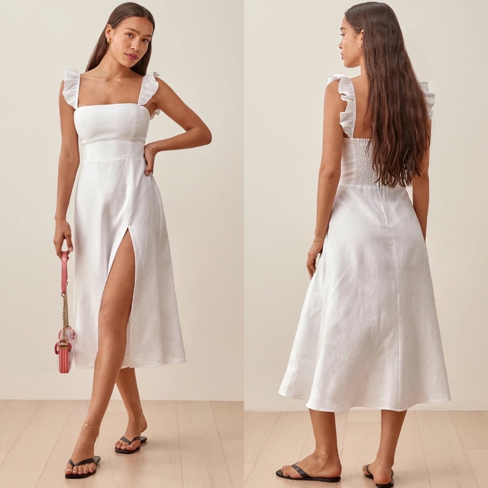Reformation Spaulding linen midi dress ruffle sleeve side slit neutral bridal